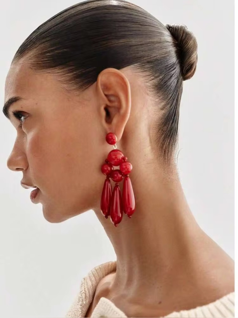 Zara Red Maroon Burgundy Long Vintage Inspired Statement Earrings Post Back NWT